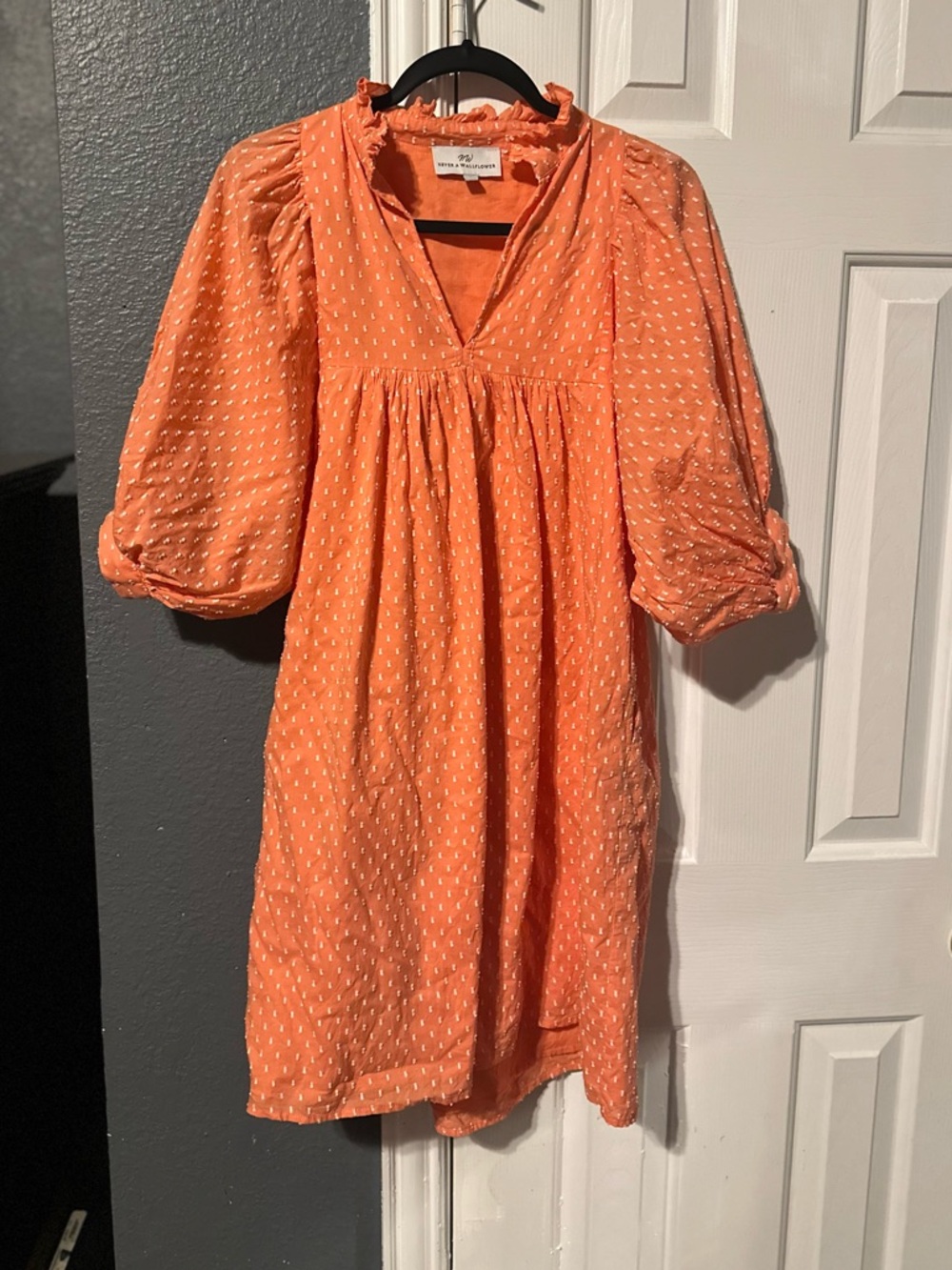 NEVER A WALLFLOWER High Ruffle Collar Poplin Mini Dress in coral Swiss dot Sz Sm